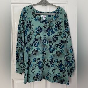 D&co Women's Floral Long Sleeve Top - Teal, Blue and Black Size 4X